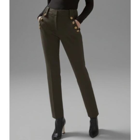 White House Black Market Jolie Button Straight Luxe Stretch Pants Olive Size 8 - Picture 1 of 10